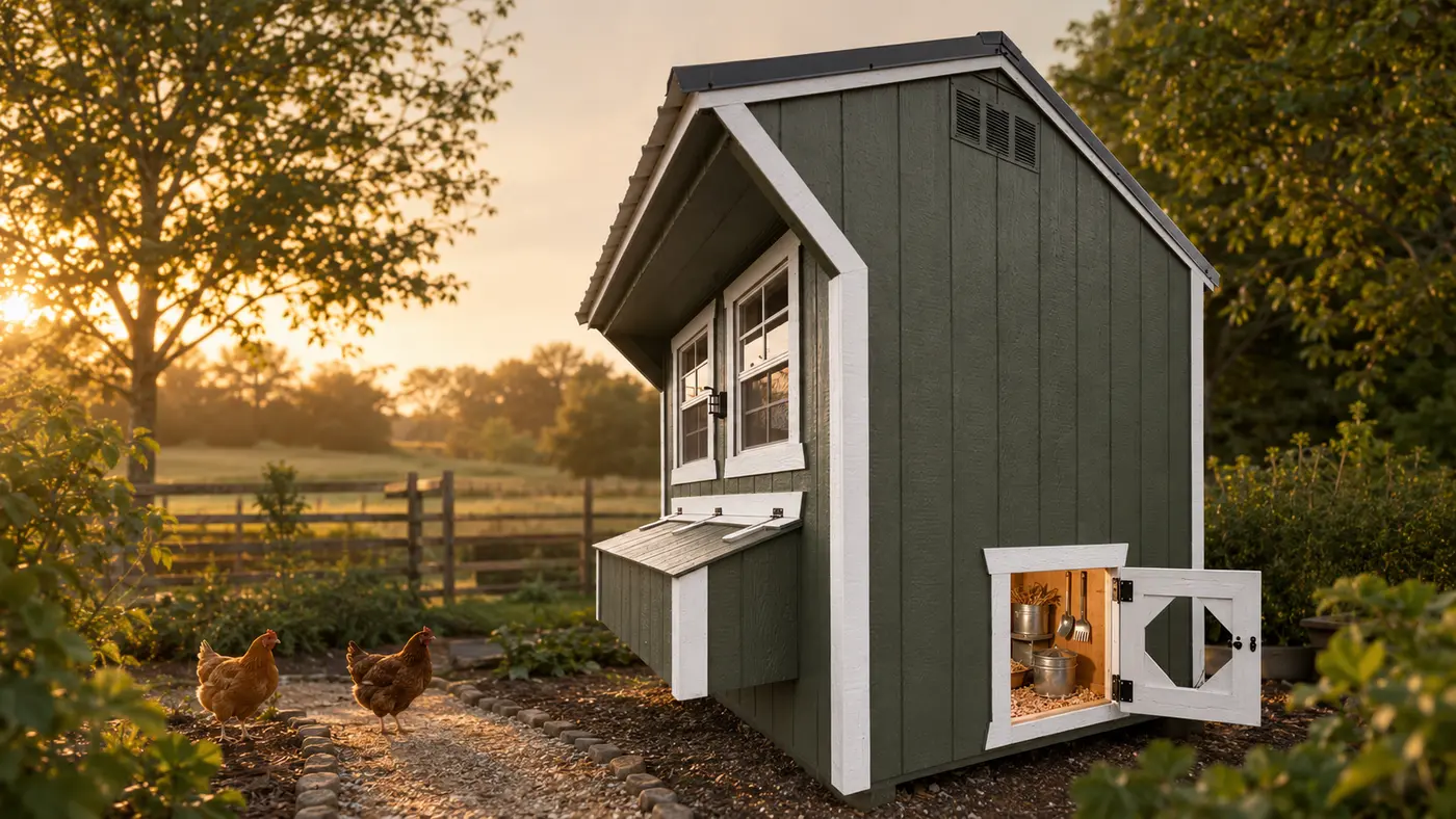 Inspiration rendering of a chicken coop feed and care station