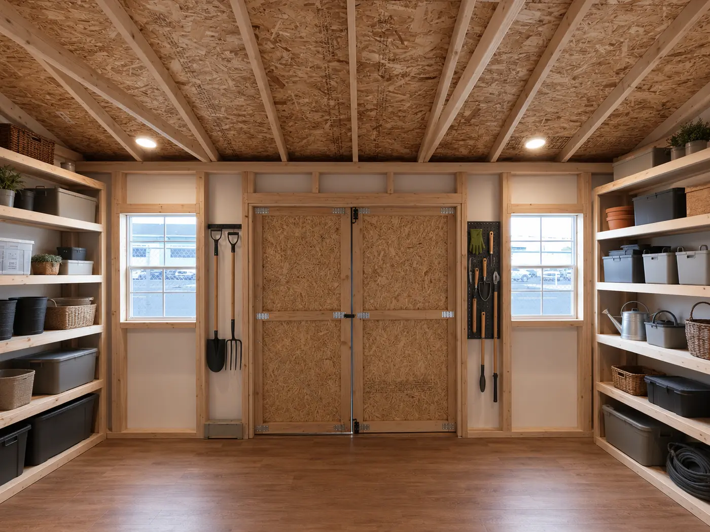 Inspiration rendering of a utility shed with organized shelving and storage